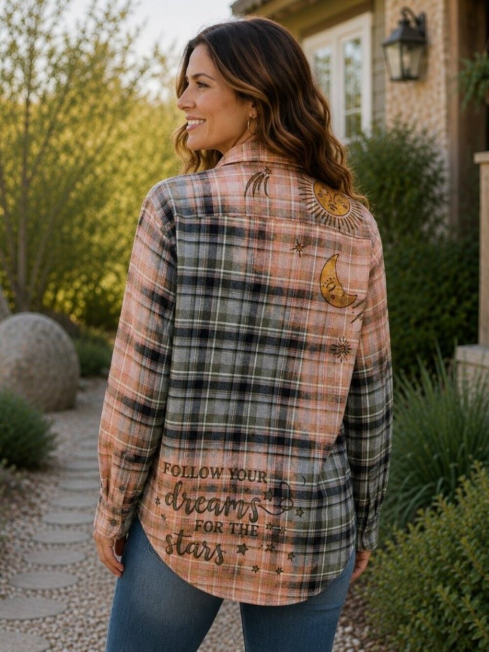 Upcycled Hand Painted Moon Stars Flannel Shirt - Bleached Gray Green L